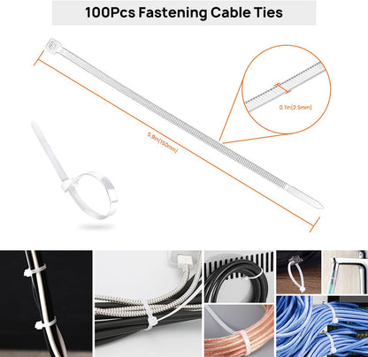 Cable Management Kit - 4 Cable Sleeve, 57 Self Adhesive Cable Clips, 12 Hanging Strips, 12 Cable Organizer Straps and 100 Fastening Cable Ties for TV Computer Under Desk (Black and White)