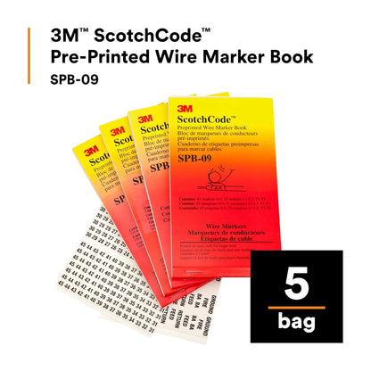 3M ScotchCode Pre-Printed Wire Marker Book SPB-03, Vinyl Coated, Black Printed Numbers (10) each 1–45, White Background Highlights Characters, 1 Book