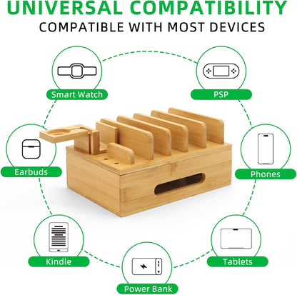 Bamboo Charging Station with Watch Stand, Desktop Charging Station Organizer, Wood Docking Station for Phones, Tablets, Watch, Earbuds (No Power Supply)