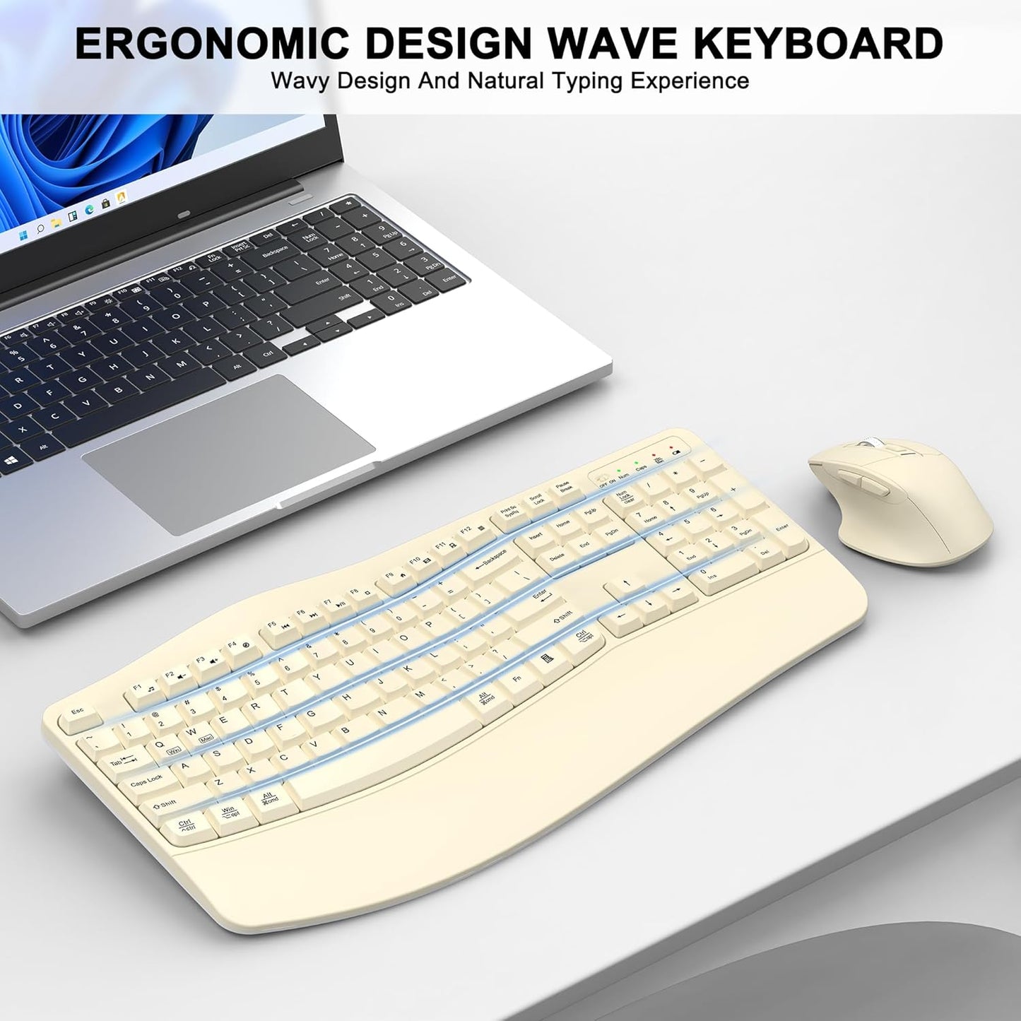 Wireless Keyboard and Mouse Combo, 2.4G Full Size Wave Keys Ergonomic Keyboard with Wrist Rest and 3-Level DPI Adjustable Wireless Ergonomic Mouse for Windows, Mac OS Desktop/Laptop/PC(Black)