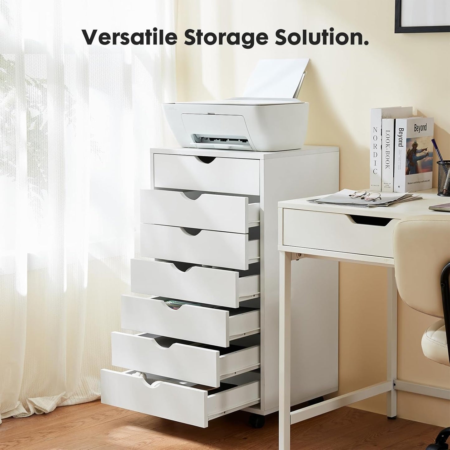 OLIXIS 7 Drawer Mobile File Cabinet Under Desk Storage Organization with Wheels Vertical Filing Chest Rolling Wood Small Desk Printer Stand for Home Office, 15.75"D x 18.74"W x 34.25"H, Black