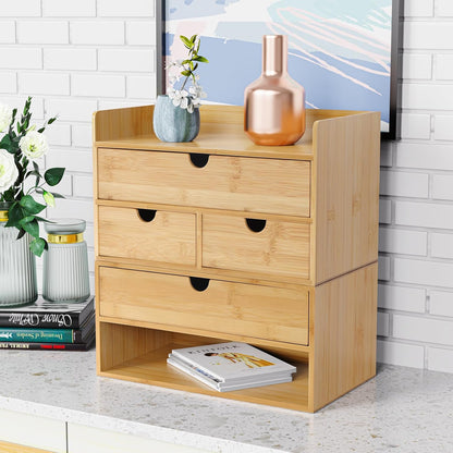 Wisuce Bamboo Desk Drawer Organizer, Desktop Organizer with Drawers Tabletop Storage Organization Box for Office Home Toiletries Supplies Vanity, No Assembly Required(3 Drawers-left right)
