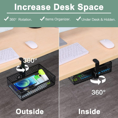 ROSYLINE OSYLINE Heavy Duty Clamp On Under Desk Drawer Organizer Storage Tray Basket with Non-Slip Pad Hanging Mount for Home Office Studio Bedroom or Dorm (Black)