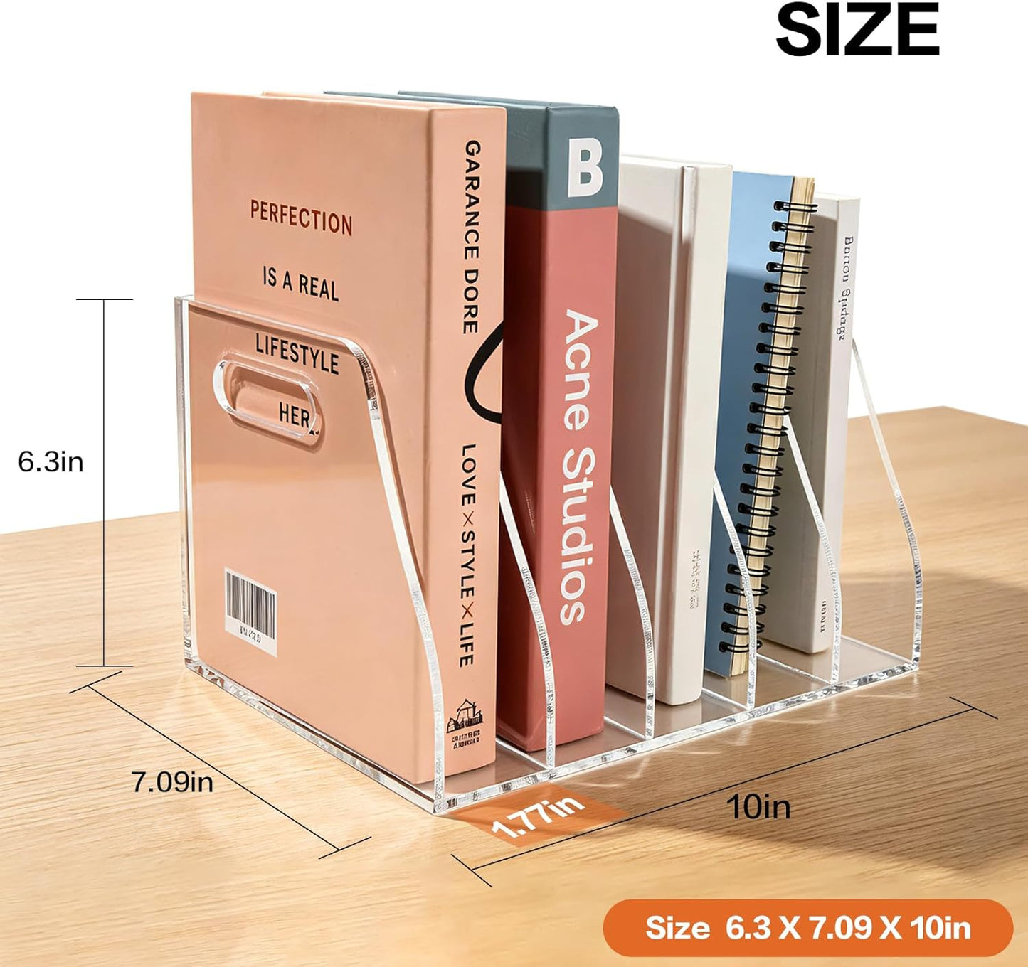 Acrylic Magazine File Holder, 4 Vertical Compartments Desk Document Sorter Organizer, Clear Bookend File Sorter Holder for Office, Documents, Tablets, Magazines, Books