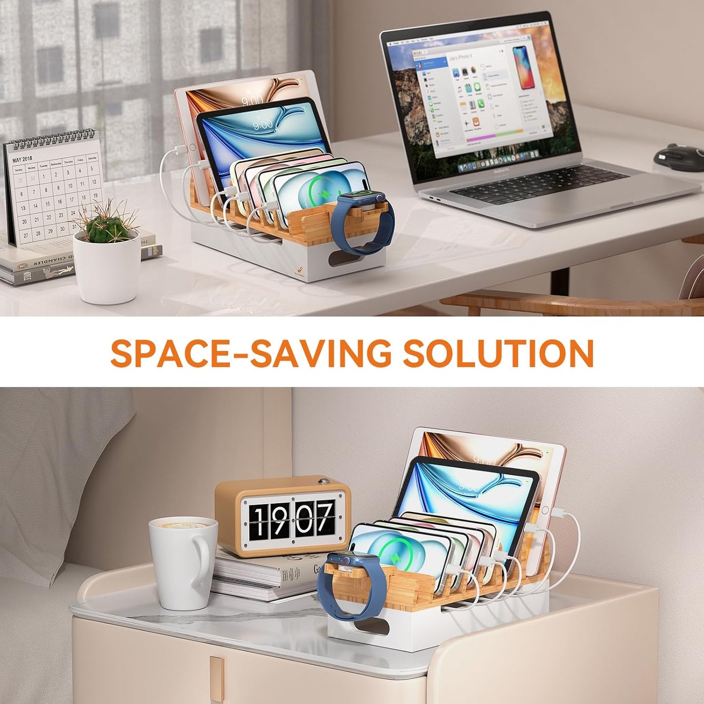 Pezin & Hulin Bamboo Charging Station with Watch Stand, Docking Holder for Multi Device with 5 Port USB Charger HUB, 5 Charge Cables, Desktop Electronic Organizer for Cellphone, Tablet, Watch
