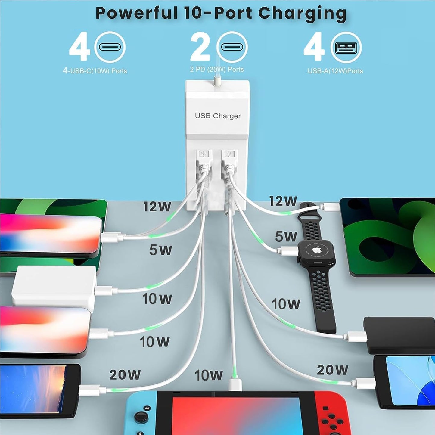 USB C Charger,10 Ports USB Charging Station with 6 Ports USB-C, Desktop 50W Multi Ports Charger Compatible with iPhone 12/13/14/15/16/Galaxy S22/S23/S24/S25/Tablet/Watch/Headphones
