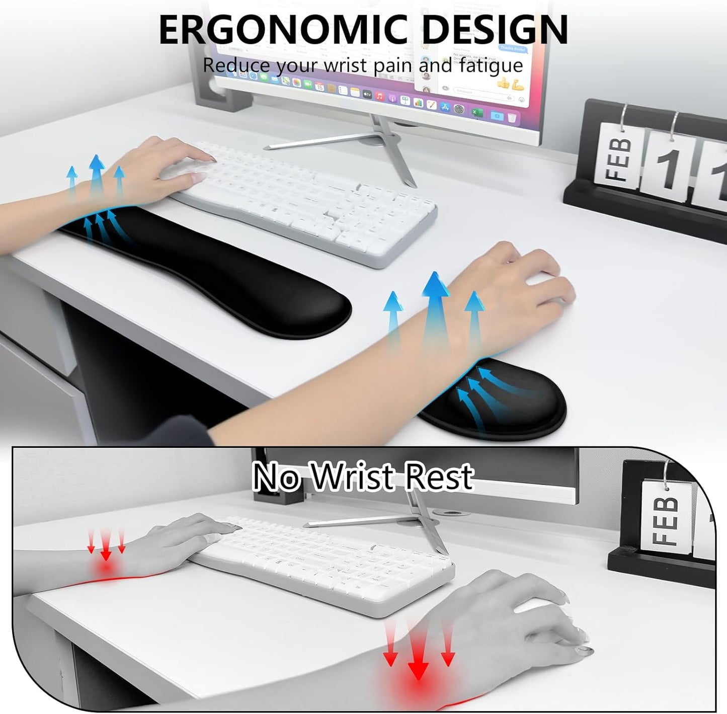 Wrist Rest for Computer Keyboard and Mouse, Ergonomic Design Wrist Support Pad for Keyboard, Soft Memory Foam Desk Pads Support Hand and Arm Easy Typing Pain Relief, 2 Piece Pad, Cream Pink