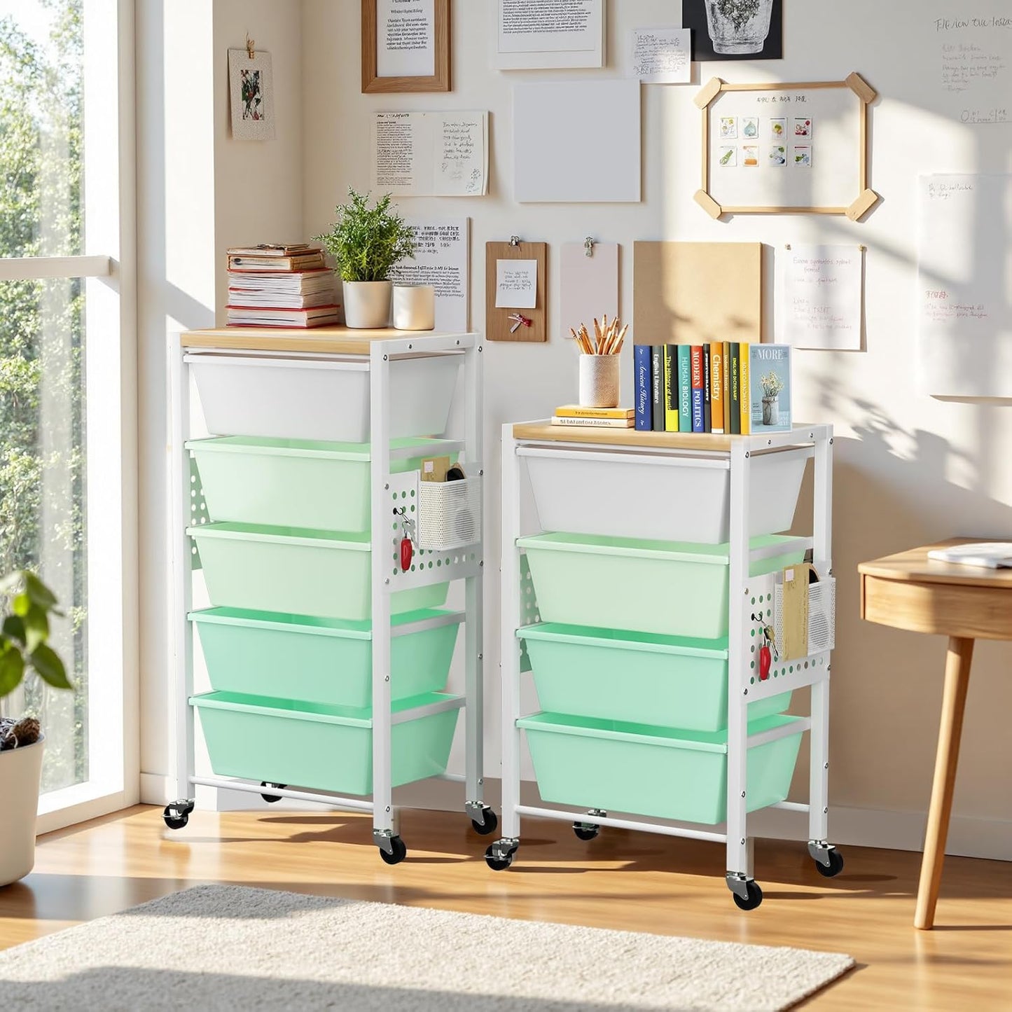 Rolling Cart with 3 Drawers, Plastic Drawer Storage Carts with Lockable Wheels & Wooden Tabletop, Metal Utility Cart Organizer, Office Bedroom Classroom Craft Organization and Storage, Bright White