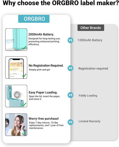 ORGBRO Label Maker Machine with Tape, X1 Portable Bluetooth Mini Label Printer, Support Pre-Cut & Continuous Label, Wireless Small Label Makers with Versatile App for School Home Office Organization
