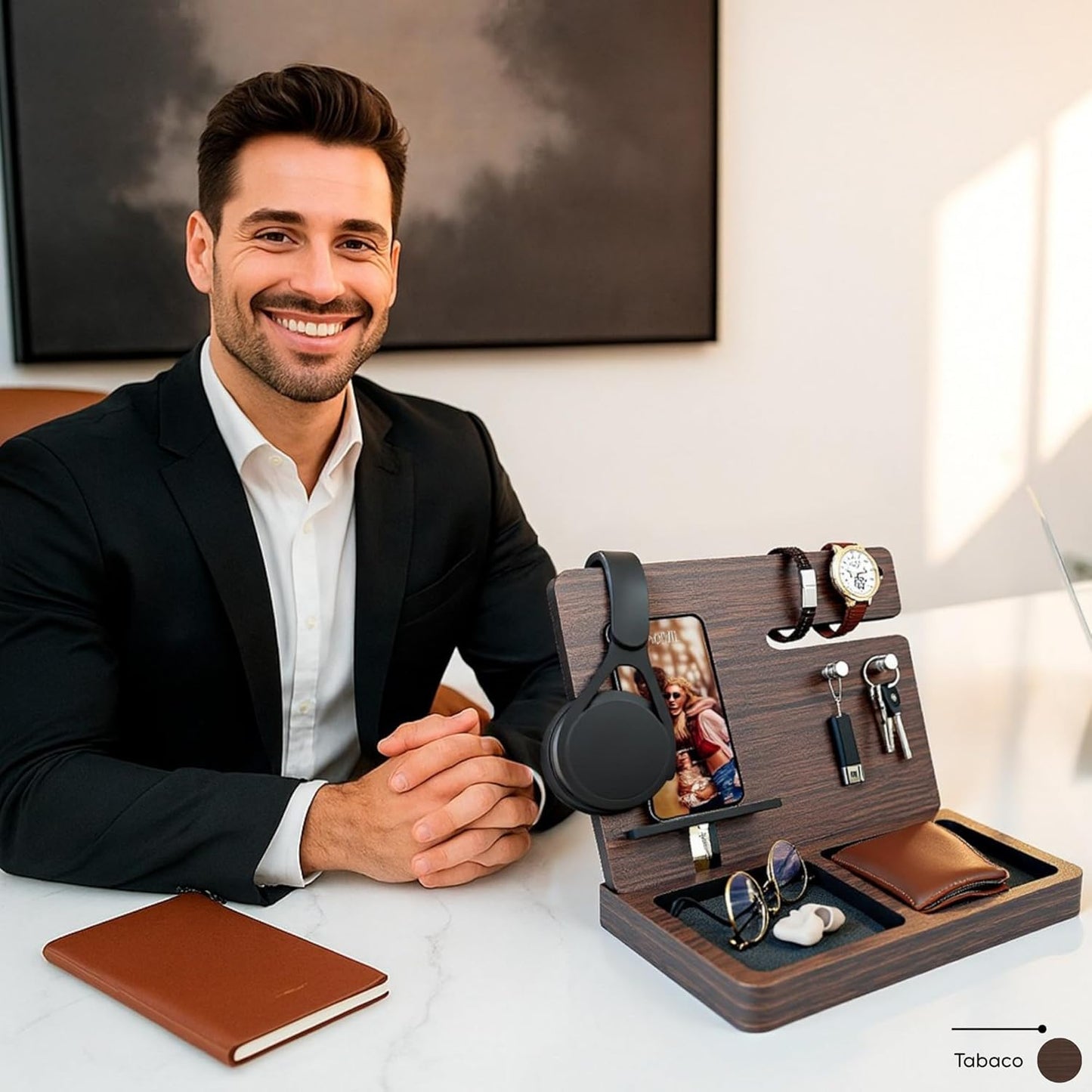 Namore Nightstand Organizer for Men – Wood Phone Docking Station & Bedside Valet Tray Organizer for Wallet, Watch & Keys – Unique Gifts for Men, Husband, Dad