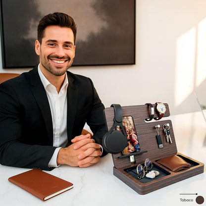 Namore Nightstand Organizer for Men – Wood Phone Docking Station & Bedside Valet Tray Organizer for Wallet, Watch & Keys – Unique Gifts for Men, Husband, Dad