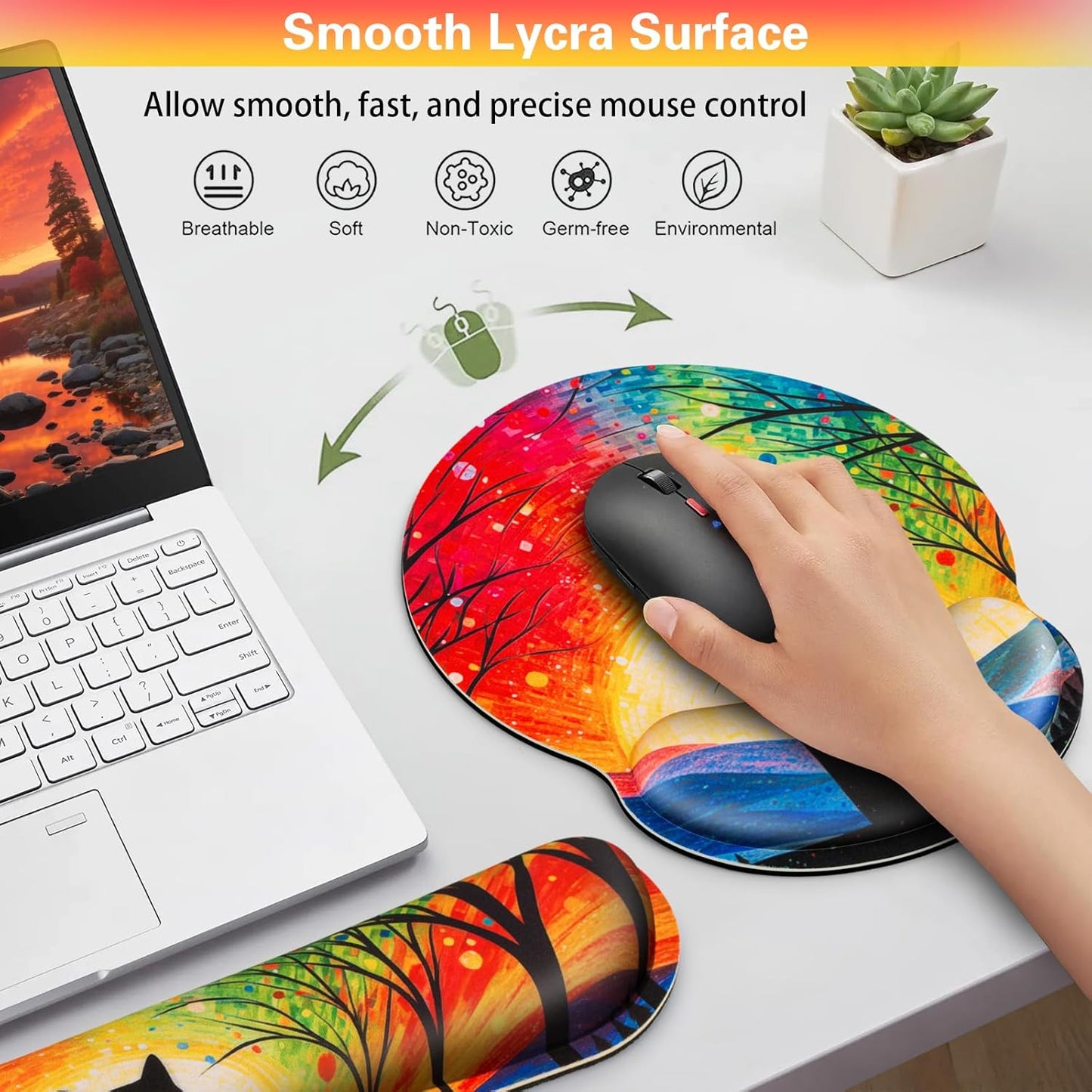 Mouse Pad with Wrist Rest Set, Qomolama 3-in-1 Wrist Support Mouse Pad Set, Floral Gaming Mousepad with Anti-Skid Base,Ergonomic Mouse Pad,Memory Foam Keyboard Gel Wrists Rest