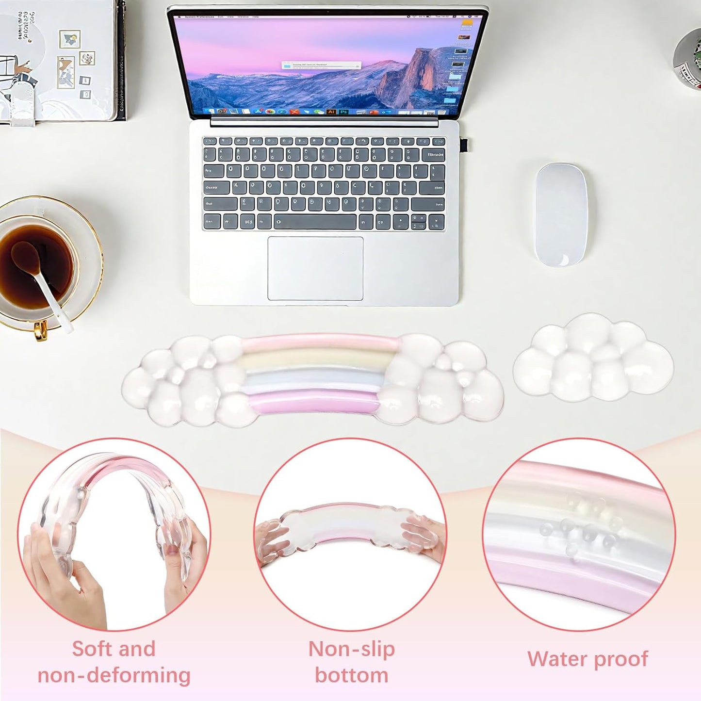 MEGREZ Clear Gel Wrist Rest for Keyboard and Mouse, Cute Crystal Gel WristRest, Ergonomic Wrist Rest Set, Cloud Wrist Rest Keyboard, Pink