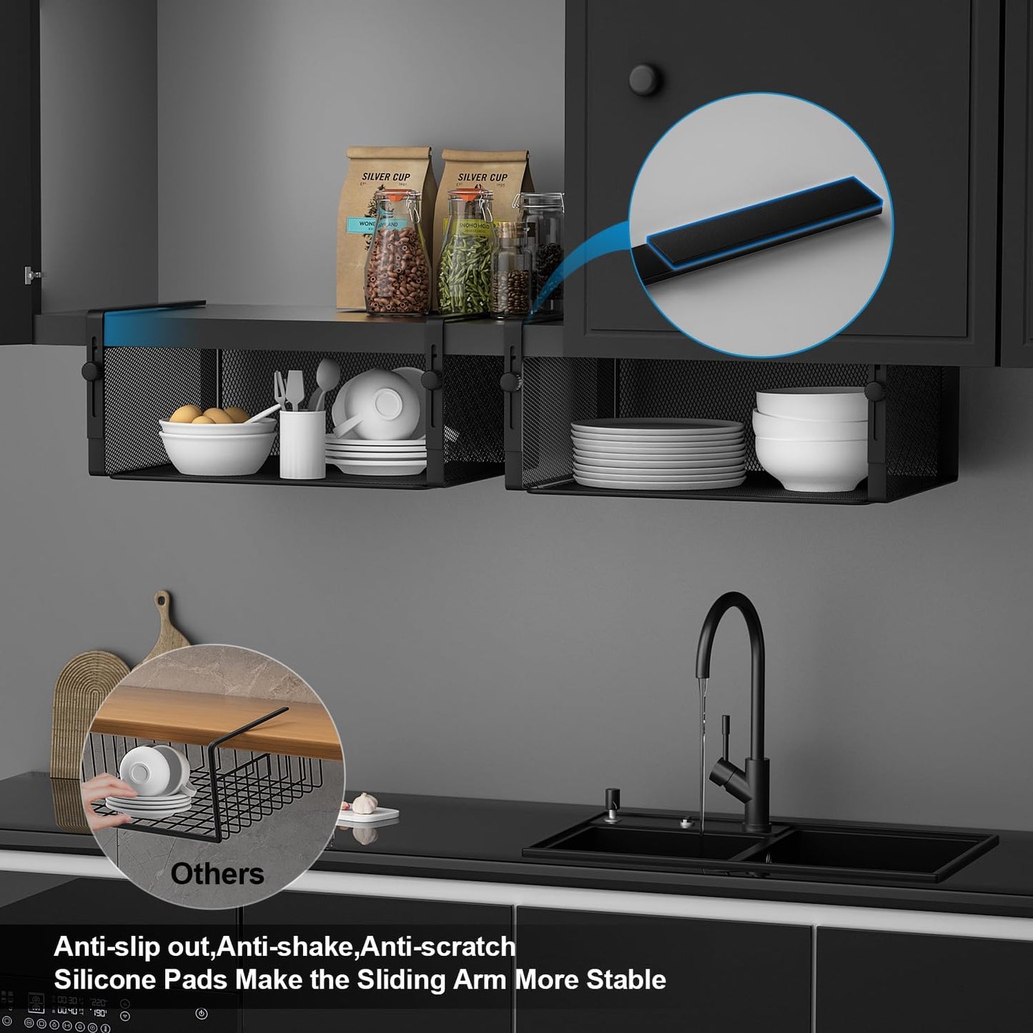 AmonHouseware 2Pack Under Shelf Basket Organizer,Adjustable Hanging Holder for Cabinet Pantry Kitchen Cupboard Desk Counter Bookshelf Organization Add-on Space Saver Heavy Duty Slide-in (Black, Large)