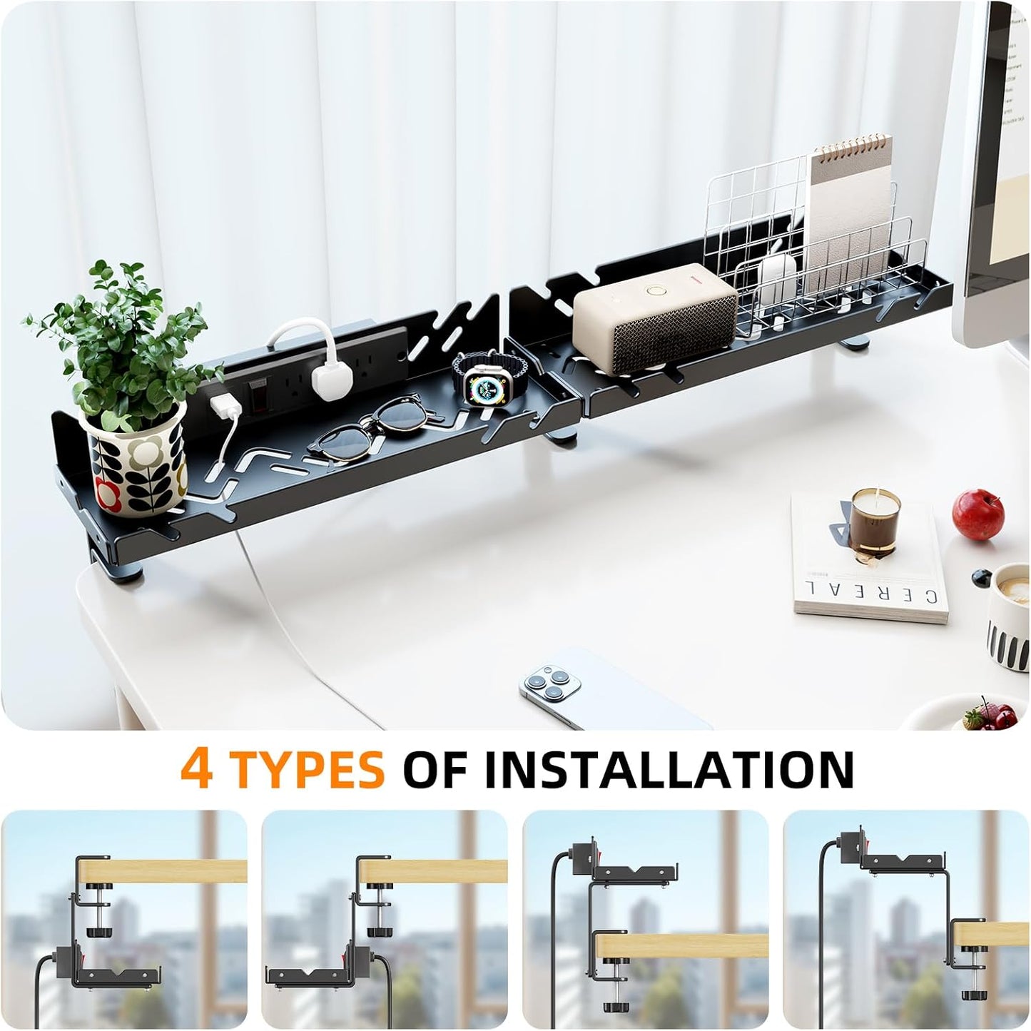 Extended Metal Under Desk Cable Management Tray with Power Outlet, No-Drill Wire Organizer with Clamp, Cord Storage Raceway for Desk Cable Management for Office Home (White)