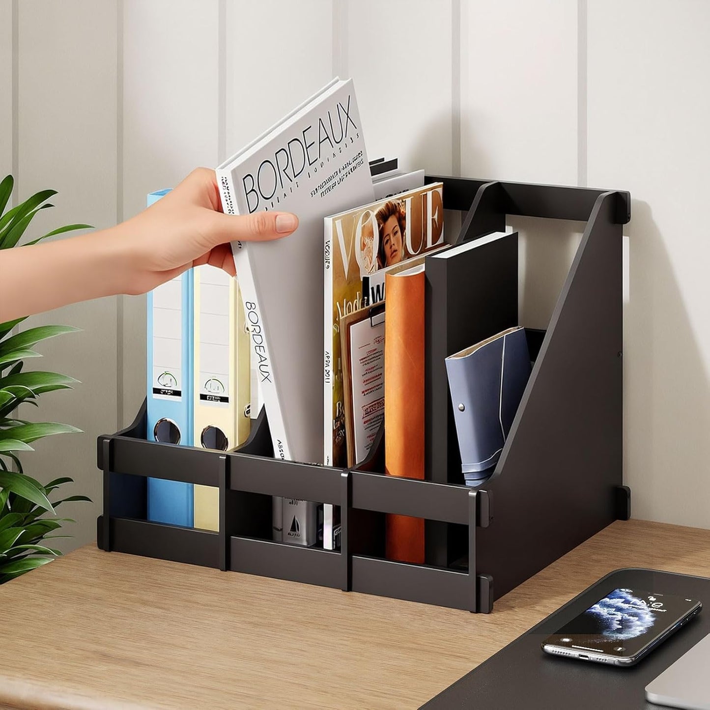 Bamboo Desktop Magazine Holder Desk File Organizer 3 Compartments Vertical File Dividers Book Holder Frames Document Cabinet Rack Storage Organizer Box for Home Office School Black (Black)