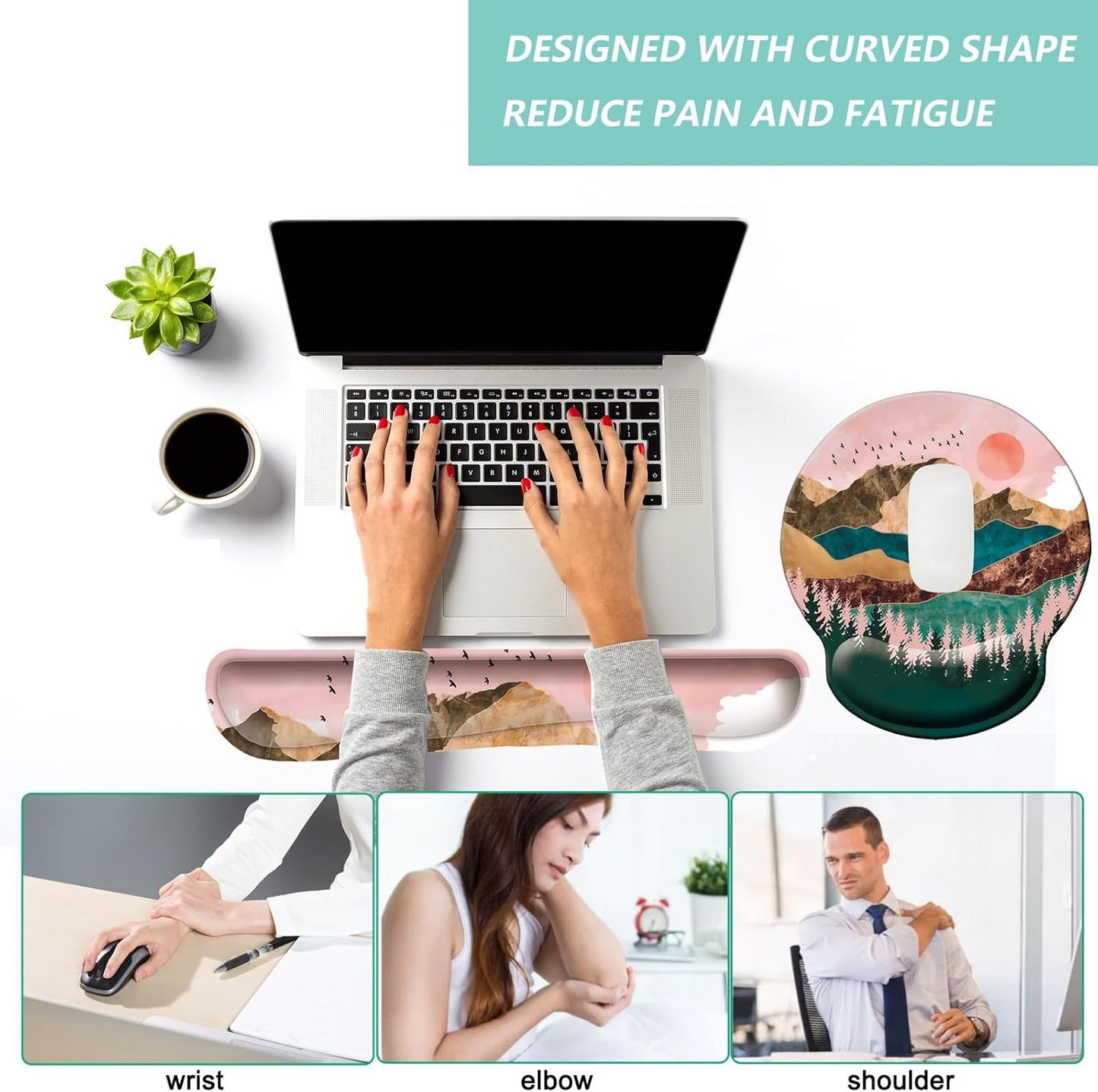 Keyboard Wrist Rest Pad Mouse Pad with Wrist Support Set of 3, Mousepad with Non-Slip Rubber Base, Ergonomic Memory Foam Mouse Wrist Cushion Support for Home Office Laptop Computer, Flower Black