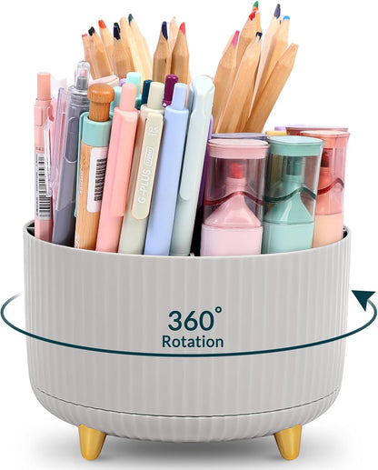 KONVINIT Pencil Pen Holder for Desk, 5 Slots 360 - Degree Rotating Desktop Organizer, Cute Desk Organizers and Accessories for School, Home, Office and Art Supply, Beige