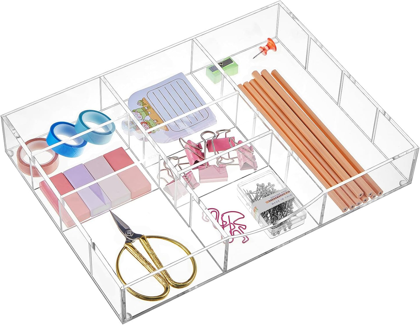 Briwooody Acrylic Drawer Organizer Clear Desk Drawer Organizer Trays with Adjustable Compartments Desk Accessories for Office Stationery Makeup Silverware Bathroom(Adjustable)