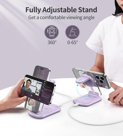 3 in 1 Magnetic Wireless Charging Station for Apple Devices, Fast Foldable Travel Mag-Safe Charger Stand with Night Light for iPhone 17 16 15 14 13 12 Series, Apple Watch/AirPods Pro, BU