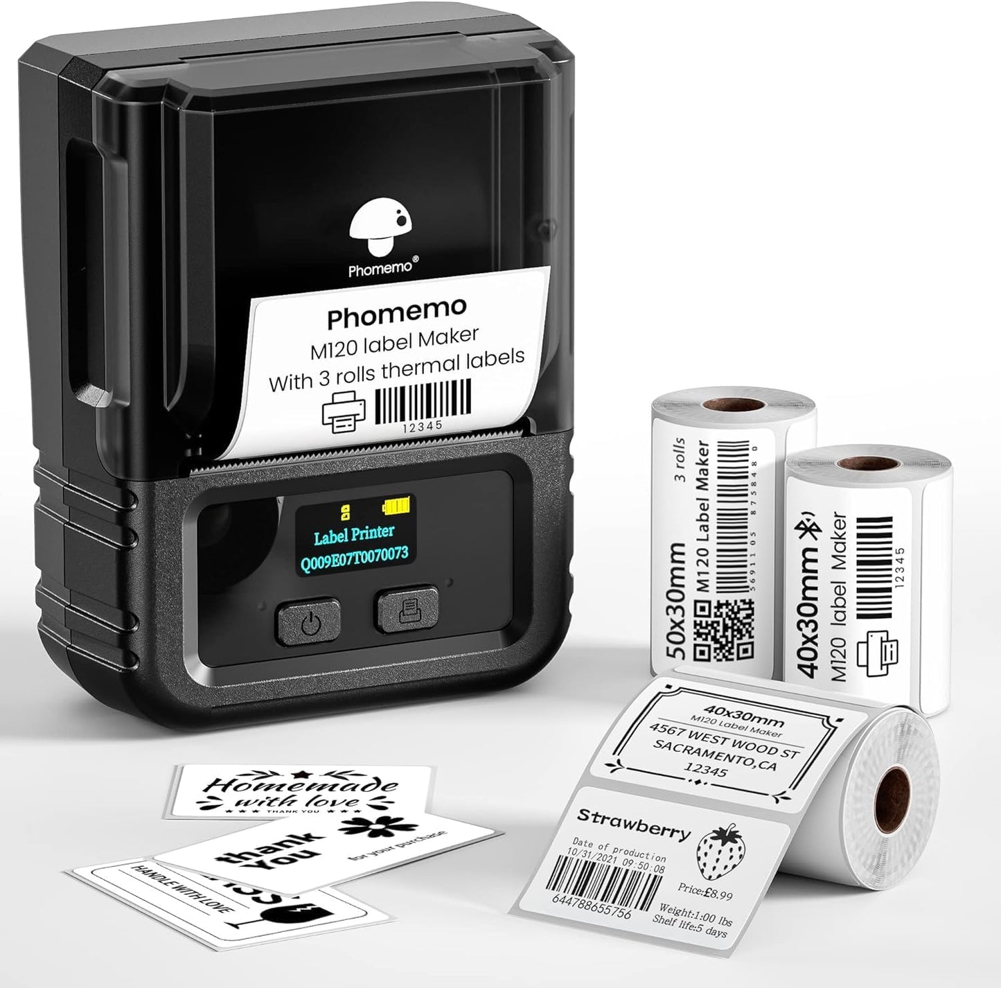 Phomemo M120 Bluetooth Label Maker - Portable Thermal Barcode Printer with App, 2" Wide Labels, Wireless Sticker Printer for Small Business,Home Office,QR Codes,Address Labels - iOS/Android Compatible