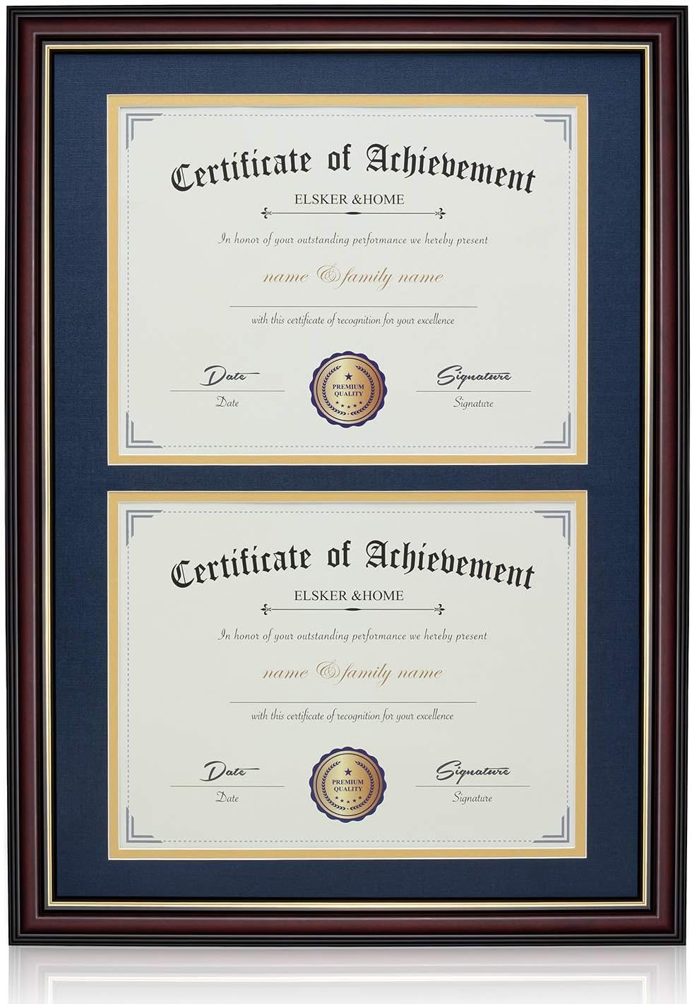 ELSKER&HOME Diploma Frame - Wide Solid Wood Frame - Black Velvet Golden Rim Mat - Semi-Tempered Glass - Includes Hanging Hardware and Desktop Easel(ONLY Display 11×14 Document/Certificate)