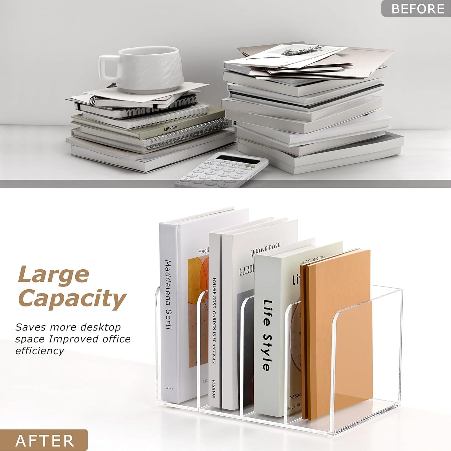 SANRUI Acrylic Desk Magazine File Holder, Clear Desk Organizer with 4 Vertical Compartments, Workspace Document Sorter for Documents, Tablet, Magazines, Books & Accessories