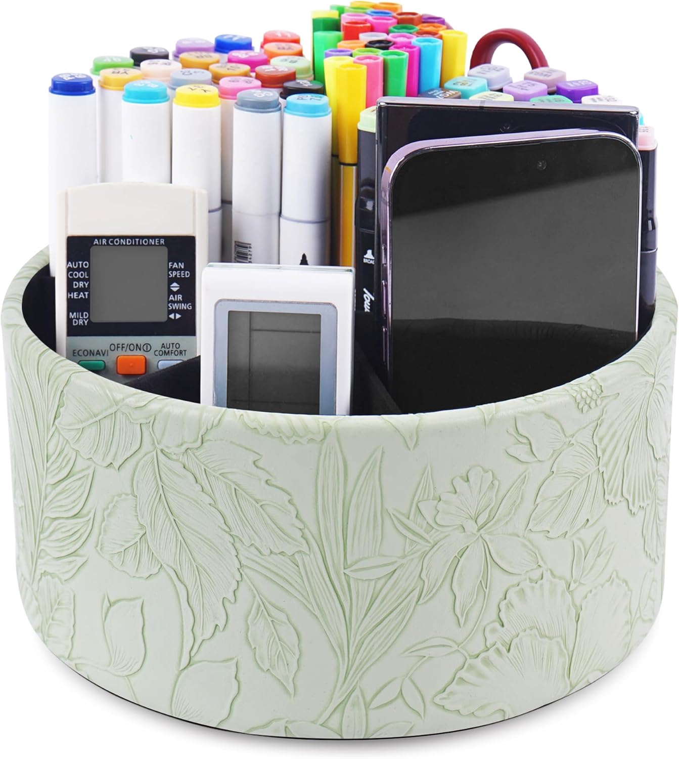 Hennaja Round Leather Art Supply Organizer,Remote Control Holder,360 Degree Rotating,Multi-Functional Pencil Holder,4 Compartments Desktop Stationary Organizer(1-Blue Bird) - Colors B