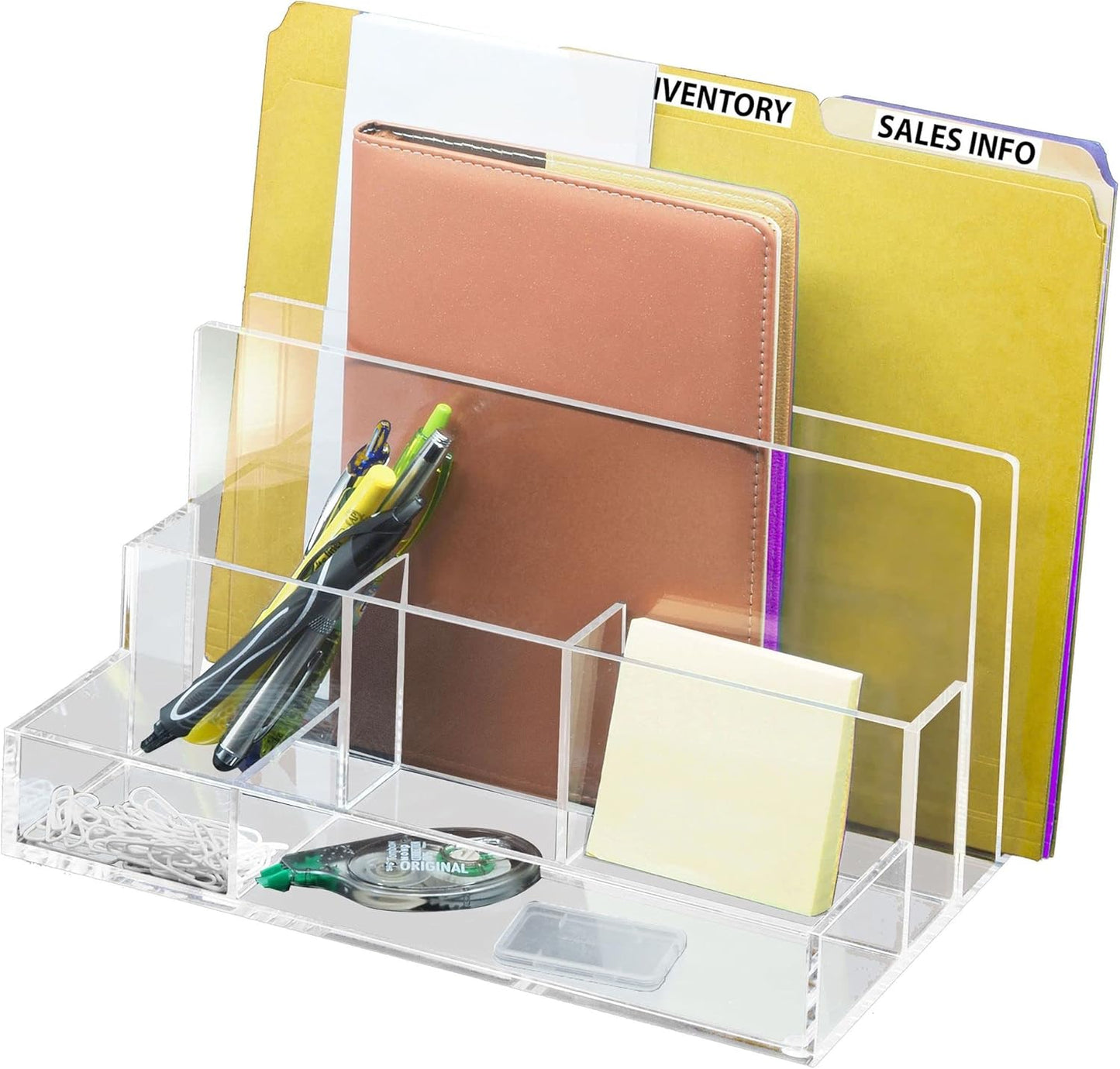 Kantek Clear Acrylic File Sorter/Desk Organizer, Multiple compartments, 2 Large File Sections, 10.5" x 7.5" x 6.7", Fits on any 10.5" Tray, Office Organizer, Desk Accessory