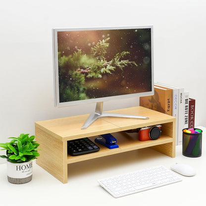 TEAMIX 2 Tiers Wooden Desktop Monitor Stand Riser 20 Inch Printer Stand with Double Storage Small TV Riser Laptop Keyboard Holder Business Desk Organizer Shelf Black Bookshelf
