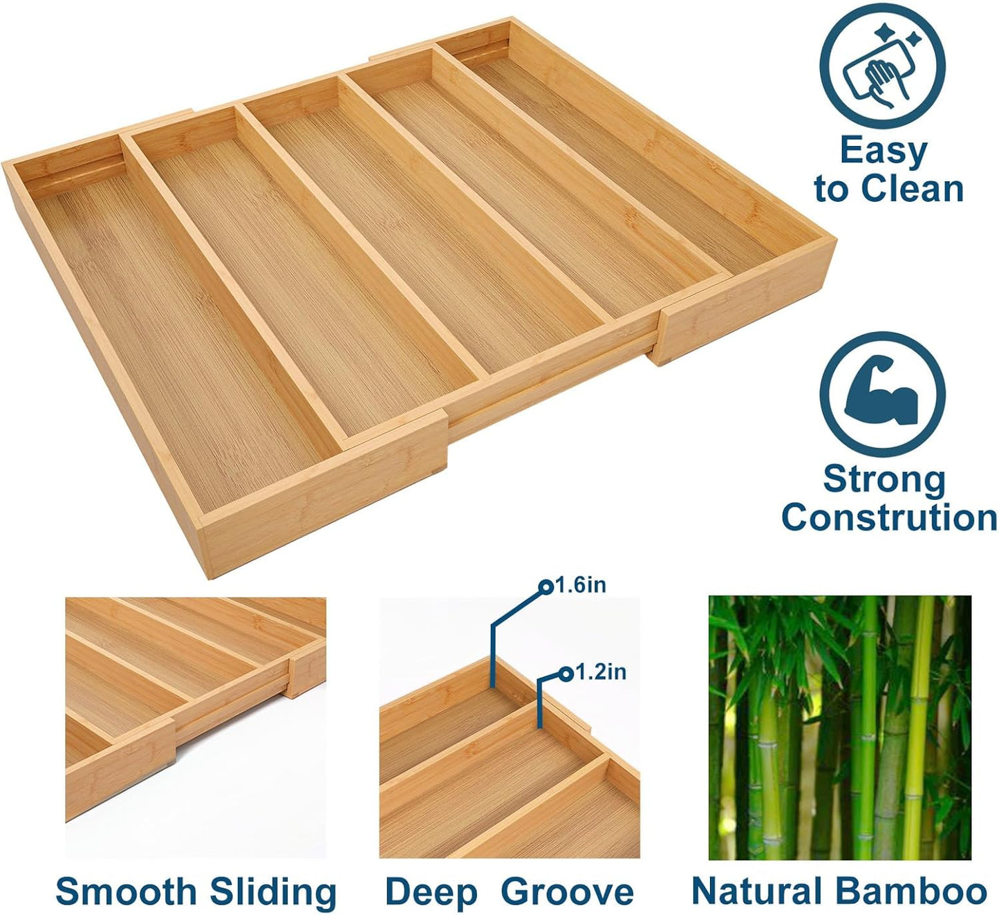 Fibogollo Expandable Kitchen Drawer Organizer,Bamboo Silverware Organizer,Adjustable Flatware Tray for Utensils(16.92 * 13.30~22.83 * 1.96)