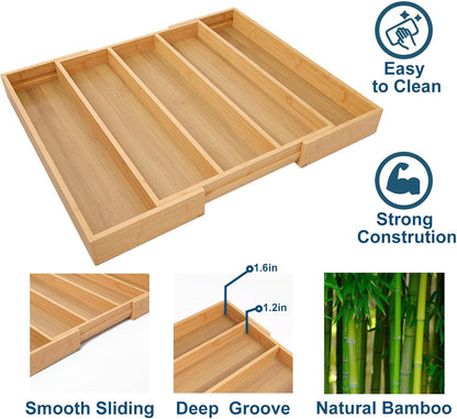 Fibogollo Expandable Kitchen Drawer Organizer,Bamboo Silverware Organizer,Adjustable Flatware Tray for Utensils(16.92 * 13.30~22.83 * 1.96)