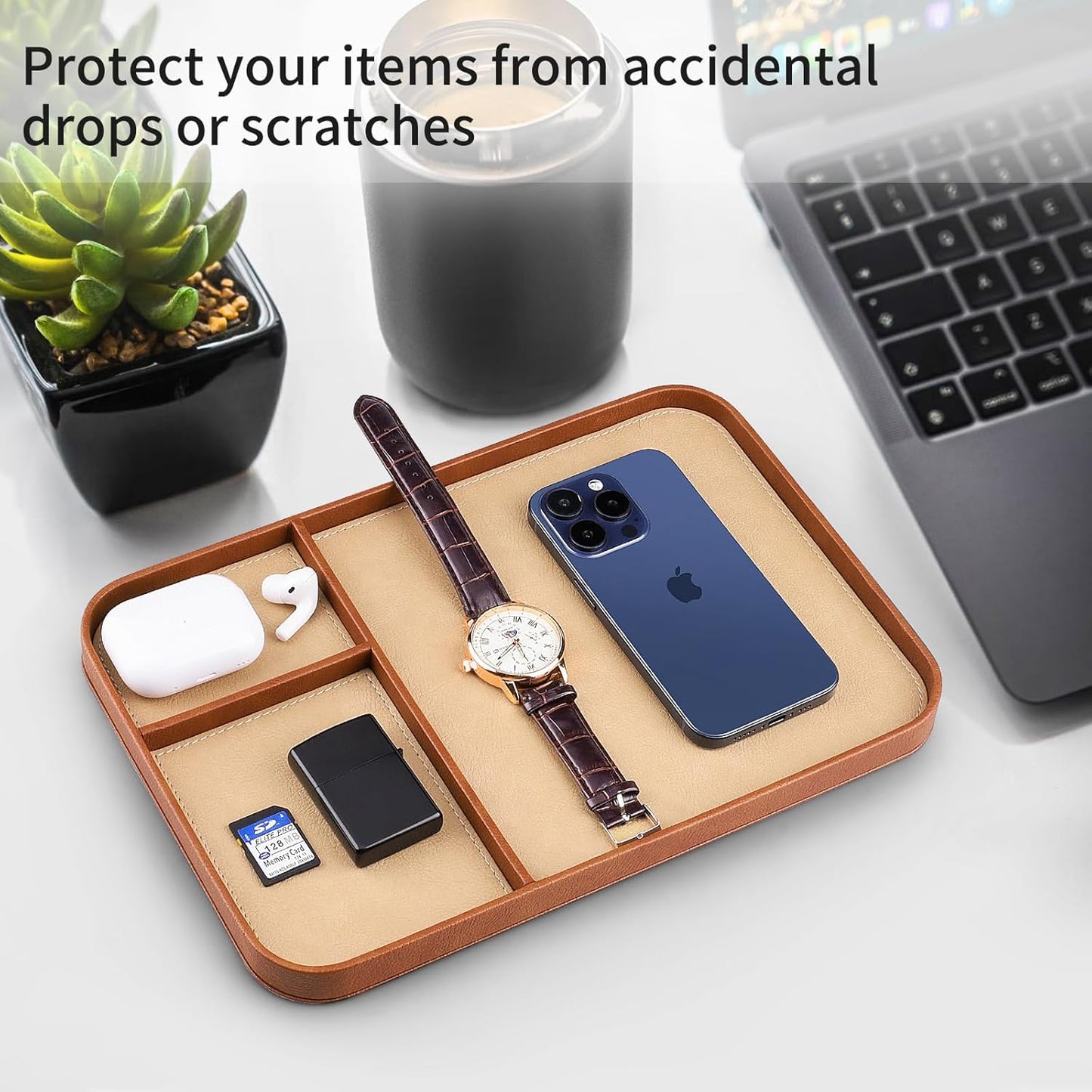 SENEN Leather Tray, Stylish and Organized Multifunctional Tray, for Table Entryway, Premium PU Leather, Catchall Tray for Keys, Watch, Wallet, Jewelry, and More (Black Frame)