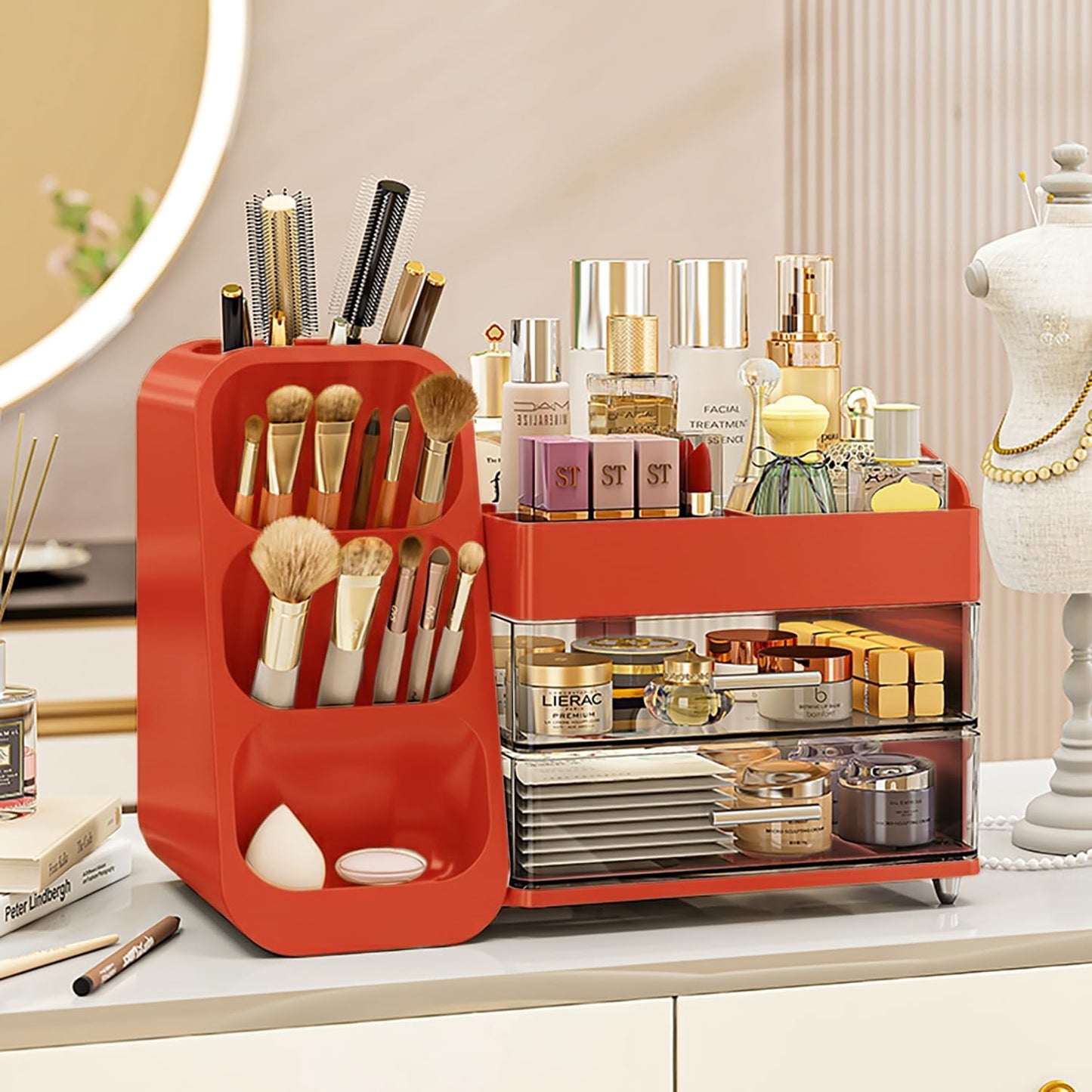 Booklov Makeup Organizer for Vanity, Countertop Cosmetic Display Case with Clear Acrylic Drawers, Bathroom Counter Beauty Caddy, Cute Table Storage Holder for Skincare, Brush Lipsticks, Crystal White
