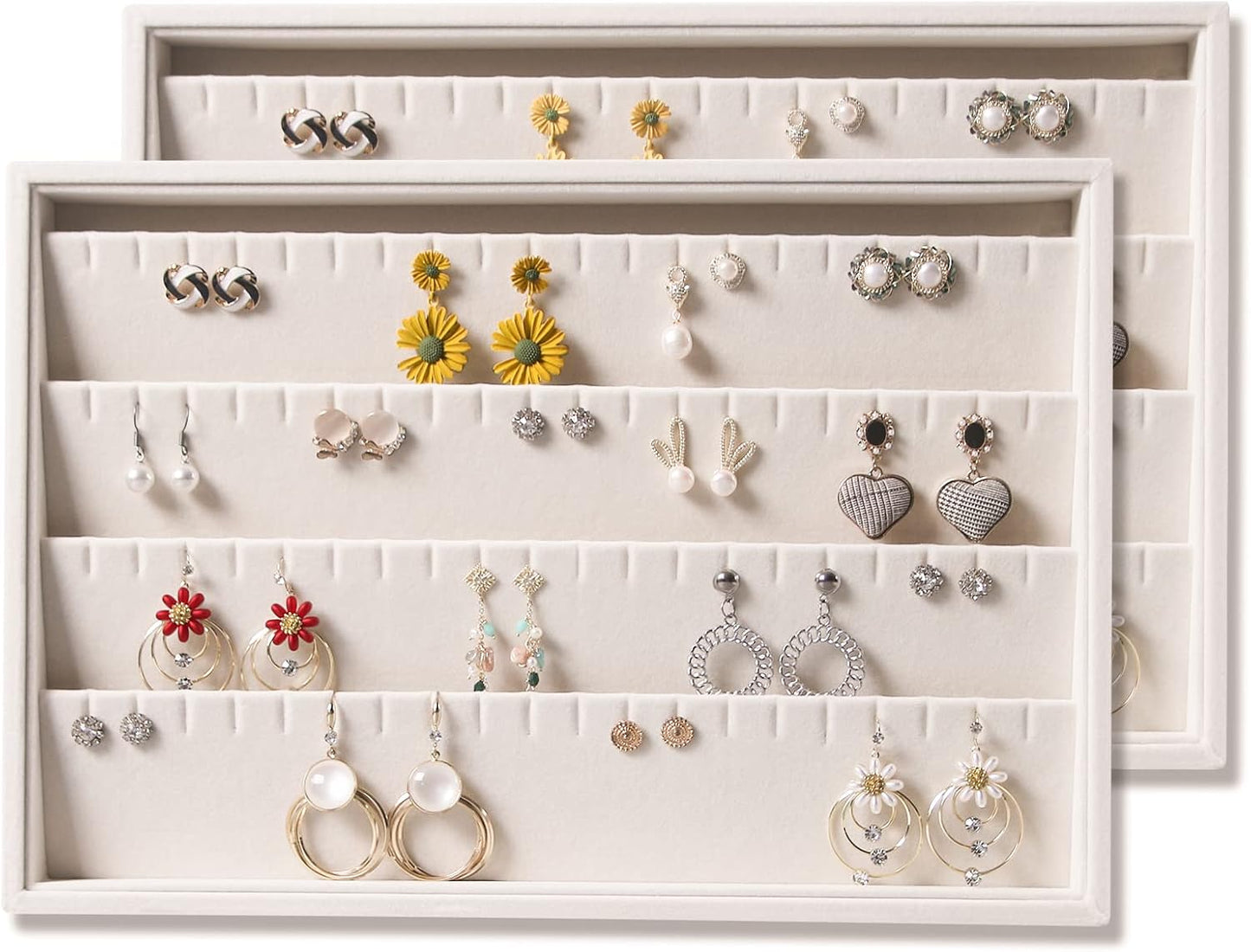 Coward Stackable Jewelry Trays Organizer Set with Clear Lid, Trays for Drawer, Earring Necklace Bracelet Ring Display Organizer (beige(ring+12girds+30girds+The glass lid))