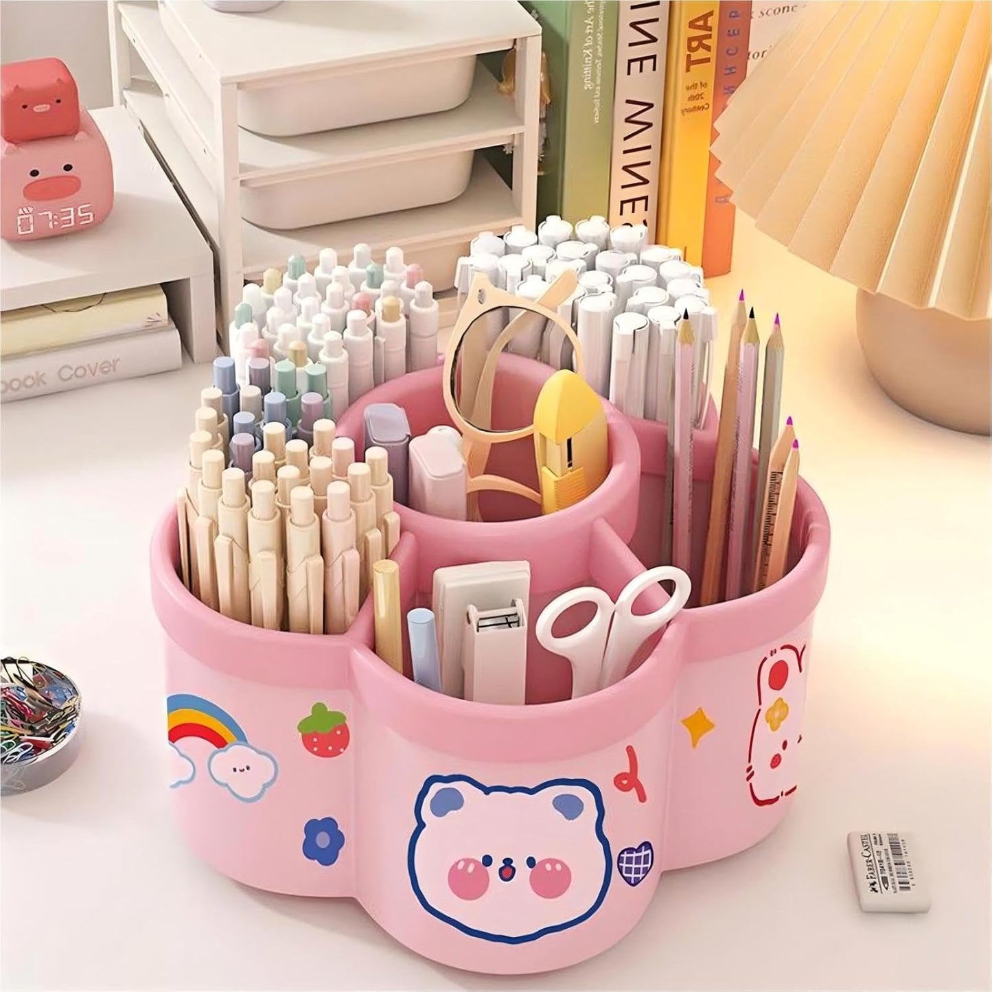 Pen Holder for Desk, 360°Rotating Pencil Pen Holder,Pen Organizer with 6 Slots, Large-capacity Desk Organizer,Office, School, Home Use (Beige)