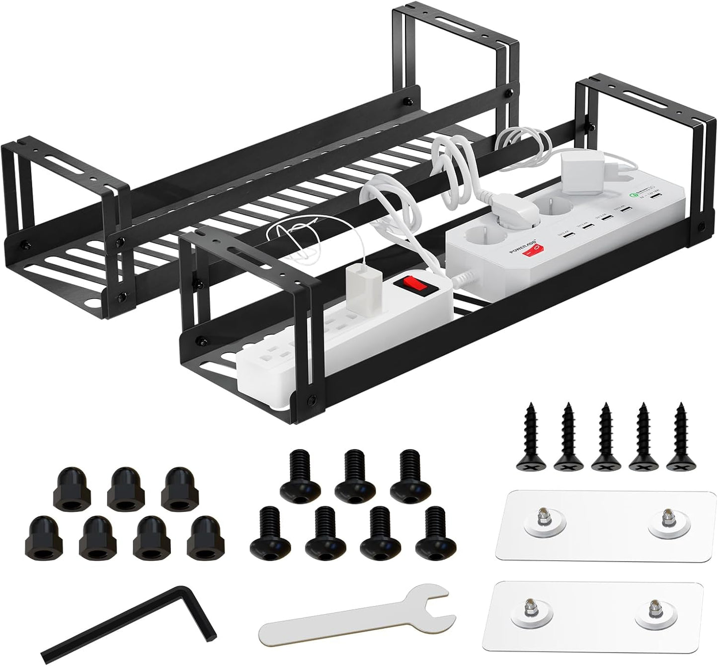 PAVSTINE Under Desk Cable Management Tray, 17 in Metal Cable Tray Basket for Wire Management, Power Strip Holder, Cord Organizer, Wire Tamer for Home/Office Desk Cable Hider Black