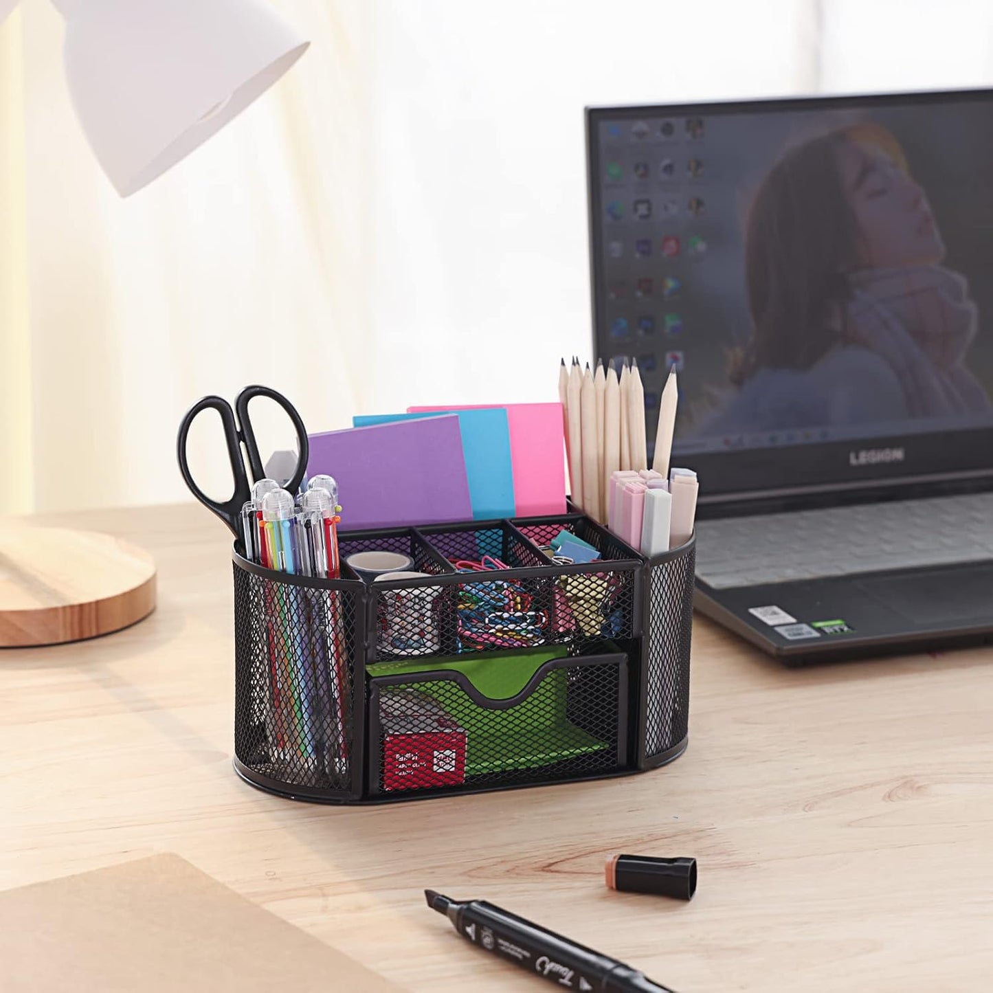 EOOUT Pink Desk Organizer, Pen Holder for Desk and Accessories, Mesh Desk Organizer with 8 Compartments and 1 Drawer for Office Home School Classroom