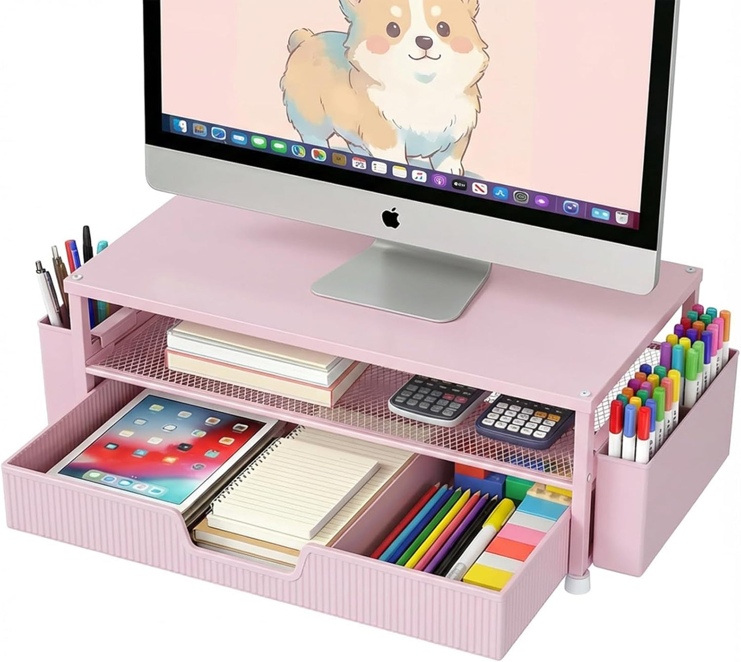 ECOLOVI Desk Organizer and Accessories, 2-Tier Computer Monitor Stand Rise with Storage Drawer & 2 Pen Holders, Laptop & Printer Stand for Desktop, Workspace Organizers for Office Supplies (Blue)