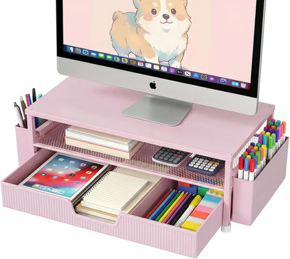 ECOLOVI Desk Organizer and Accessories, 2-Tier Computer Monitor Stand Rise with Storage Drawer & 2 Pen Holders, Laptop & Printer Stand for Desktop, Workspace Organizers for Office Supplies (Blue)