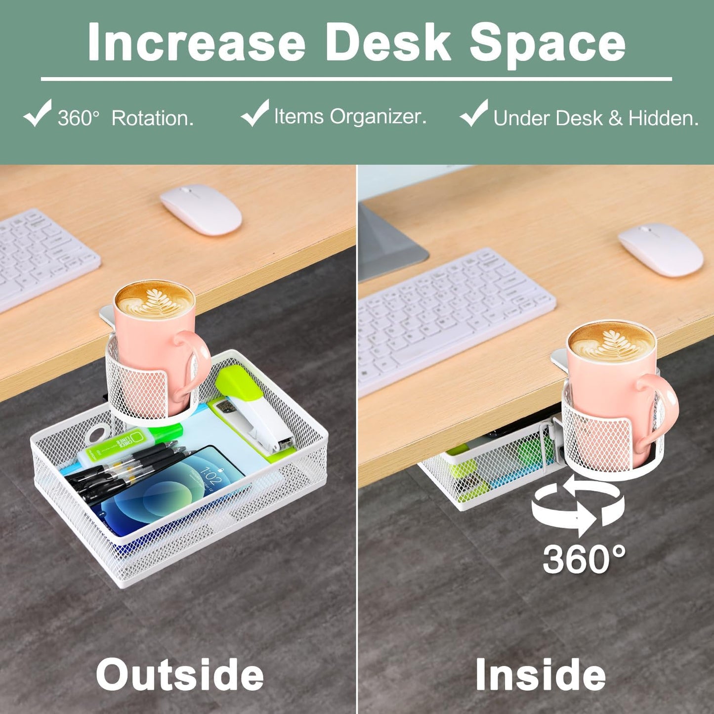 ROSYLINE 360°rotation under desk drawer, Drawer Under Desk Storage Organizer, Rotary Desk Storage Organizer with Cup Holder, Clamp Drawer Basket, sturdy and durable (black)