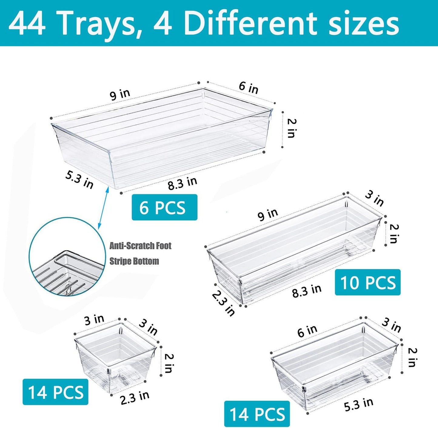 DCA 44 PCS Clear Drawer Organizers Set, 4 Size Versatile Bathroom and Vanity Organizer Trays, Cosmetic Display Cases for Makeup, Jewelries, Bedroom, Kitchen Utensils and Office