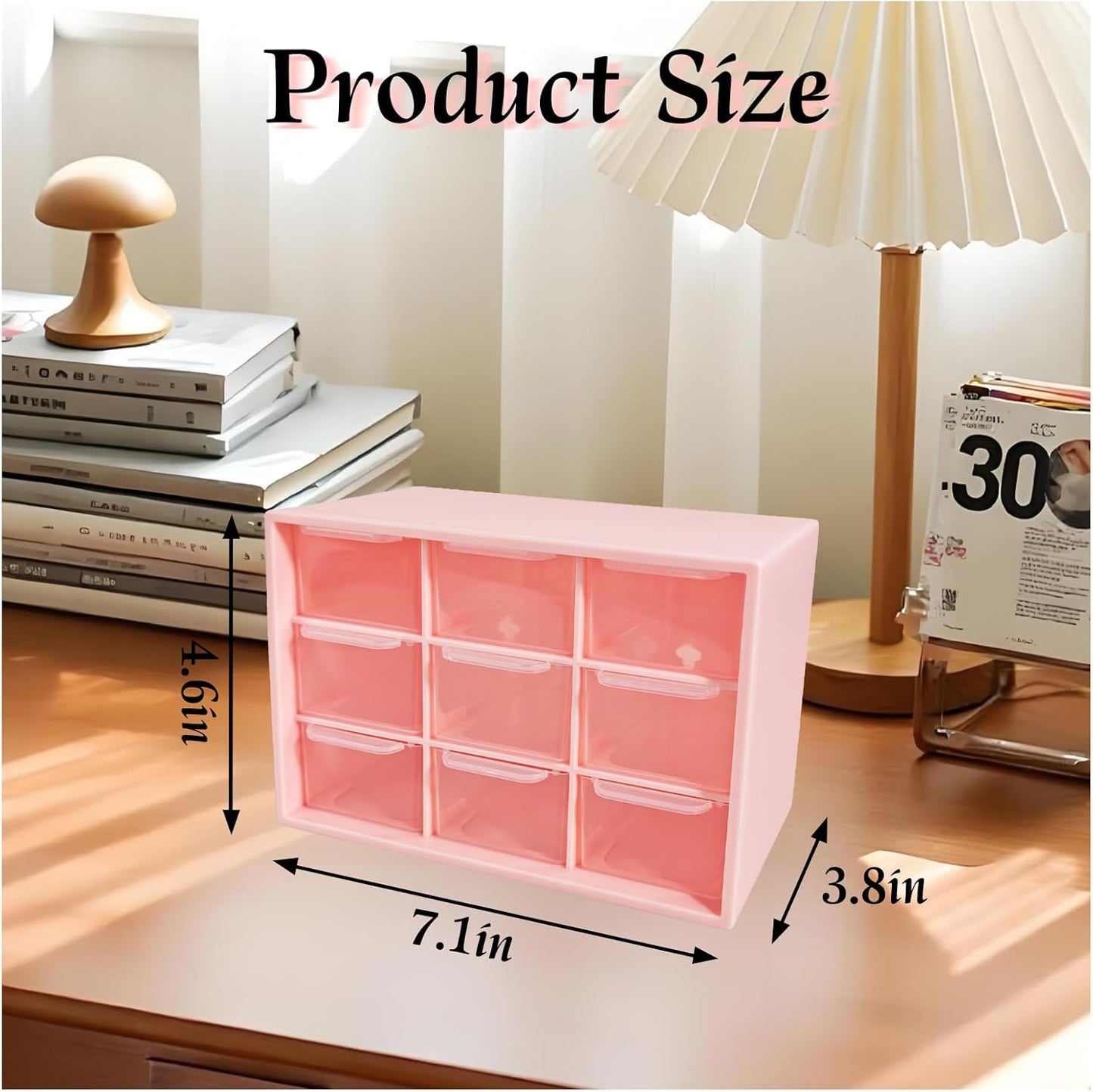 Small Drawer Organizer for Desk, 7.1" x 3.8" x 4.6" Mini Desktop Drawer Organizer with 9 Clear Drawers, Compact Craft & Office Supplies Organizer for Home School (Pink)