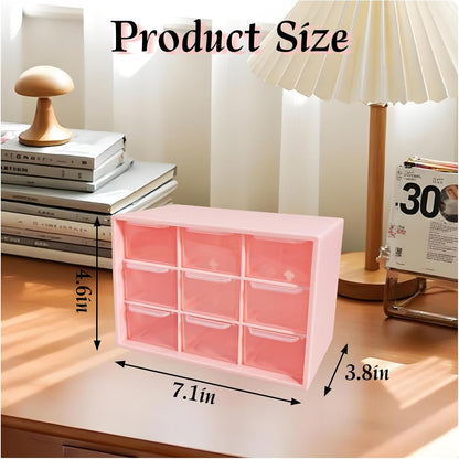 Small Drawer Organizer for Desk, 7.1" x 3.8" x 4.6" Mini Desktop Drawer Organizer with 9 Clear Drawers, Compact Craft & Office Supplies Organizer for Home School (Pink)