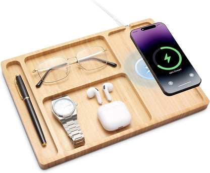 Valet Tray, Built-in Wireless Charger, Nightstand Organizer, Bamboo Desk Bedside Caddy Organizer Tray for Men, EDC Catchall Trays for Keys, Watch, Phone, Jewelry