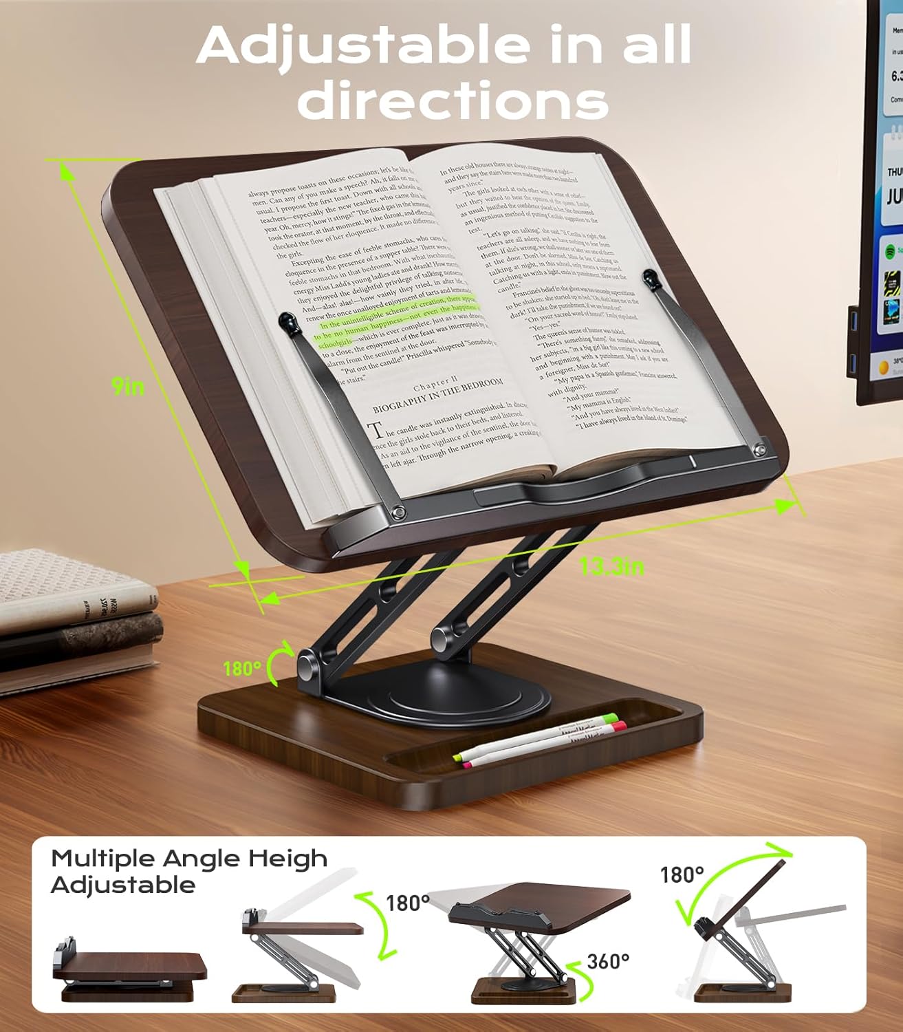 Book Stand for Reading, Adjustable Book Holder with 360°Rotating Bases, Ergonomic Cookbook Stand Recipe Book Holder with Elastic Page Clips for Magazines, Tablets, Laptops,Black