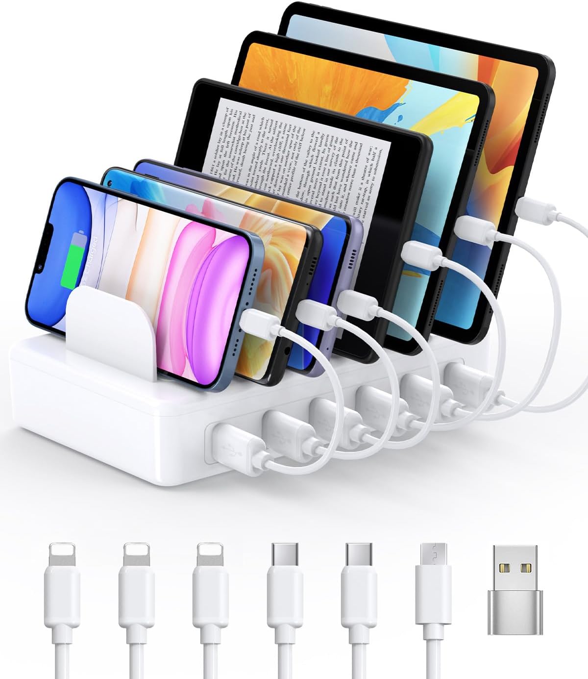 CREATIVE DESIGN 50W 6 Ports Multi Charger Station with 6 Charging Cables, USB Charging Dock for Multiple Devices, Compatible with Cellphone iPad Kindle Tablet and Other Electronic Devices