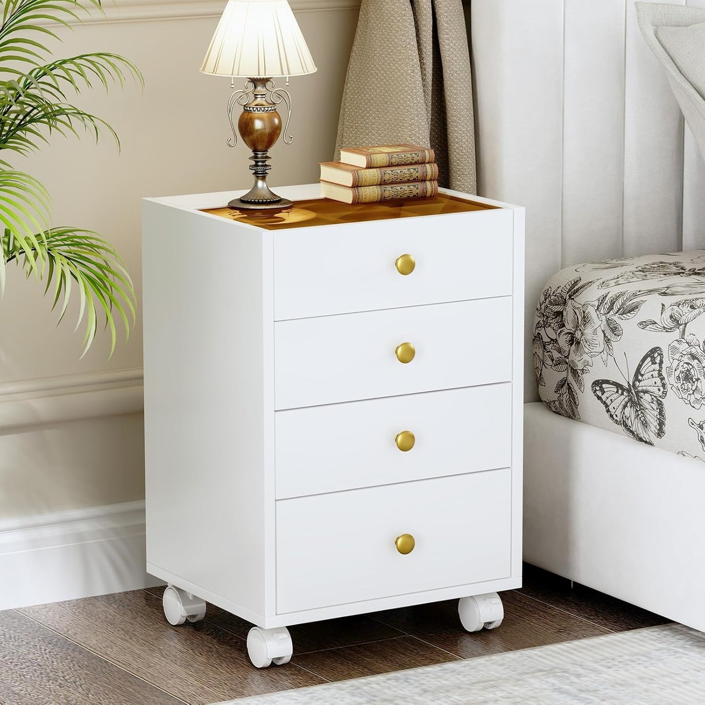 JanlyHome Under Desk Storage, 4 Drawer Small File Cabinet, Chest of Drawer with Glass Top, Mobile Printer Stand with Lockable Wheels for Home Office Study, White