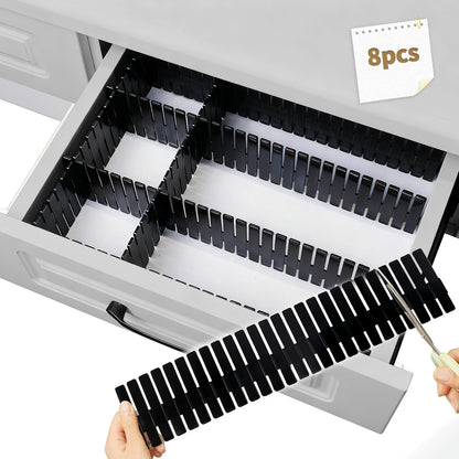 Drawer Divider Adjustable Diy Storage Organizer Separator for Tidying Clutter Cutlery Makeup Clothes of Dresses, Desk & Box in Kitchen Bathroom Bedroom Office (Cut at Will) (White 8pcs)