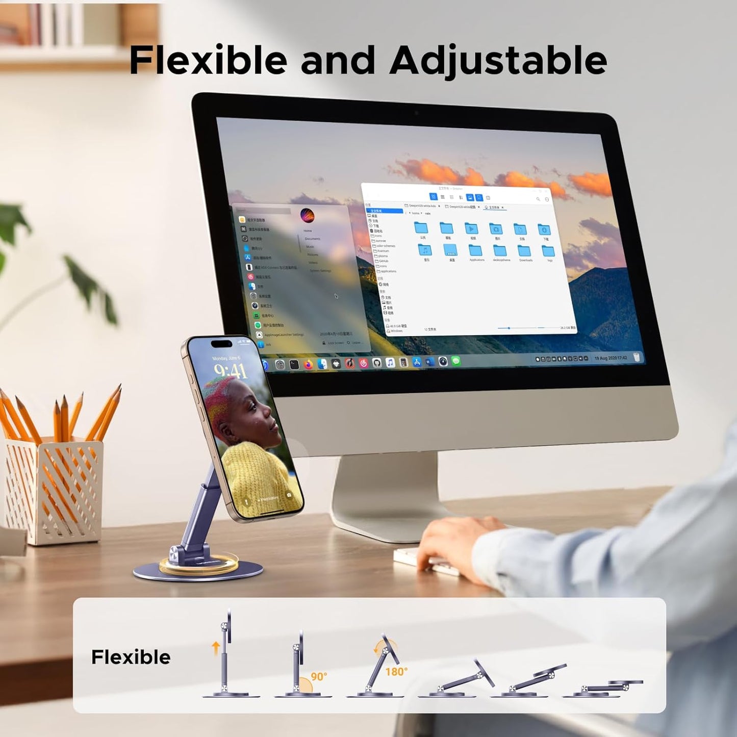 UGREEN Magnetic Phone Stand for MagSafe, Height Adjustable iPhone Stand for Desk with 360° Rotation Compatible for iPhone 17 Air 16 Pro 15 Pro Max 14 Plus 13 12 and MagSafe Case, Black